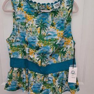Unique Vintage Seaside Village Print Scallop Trim Woven Peplum Top NWT 1X/16